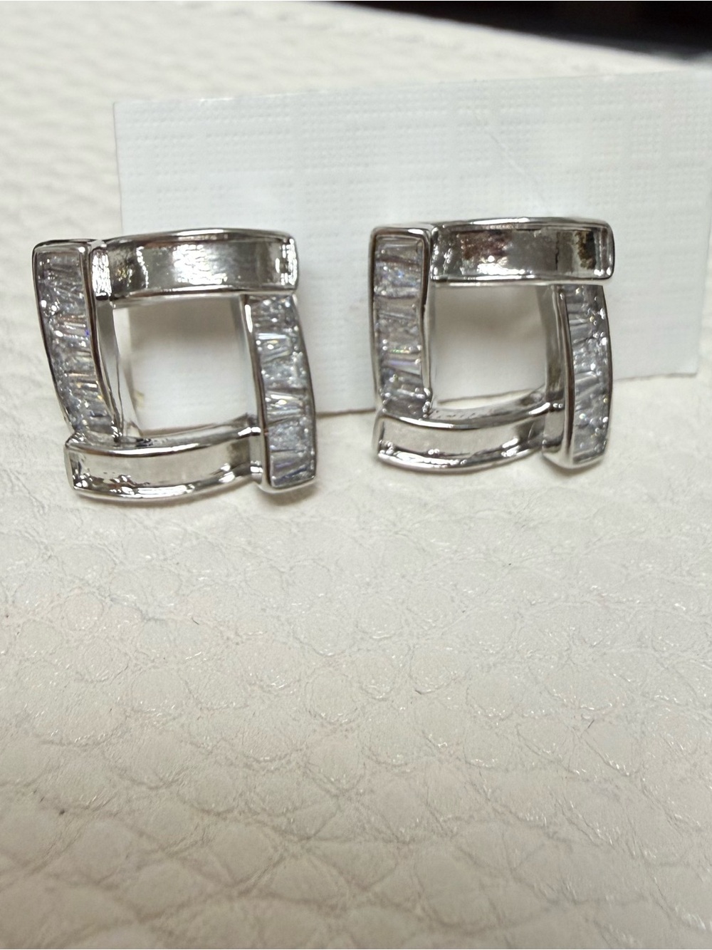 Silver Interlocking Square Crystal Stud Earrings - White